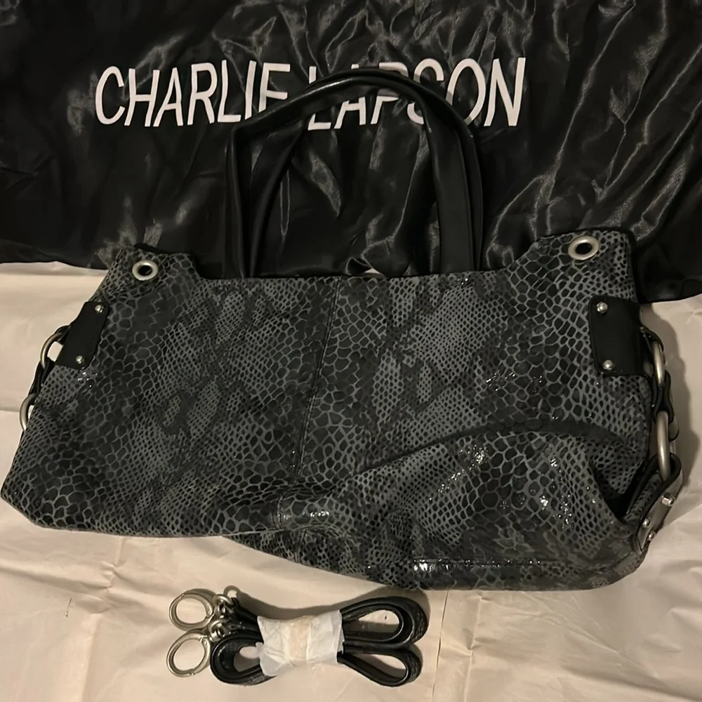 Charlie Lapson leather -Grey black Snake print Bag -removable shoulder strap - Picture 4 of 8